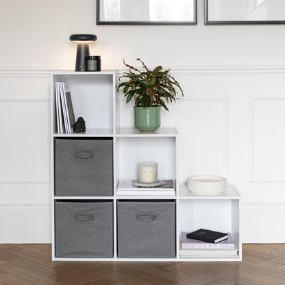 6 Cube bookcase ladder storage unit - white with grey boxes - Laura James