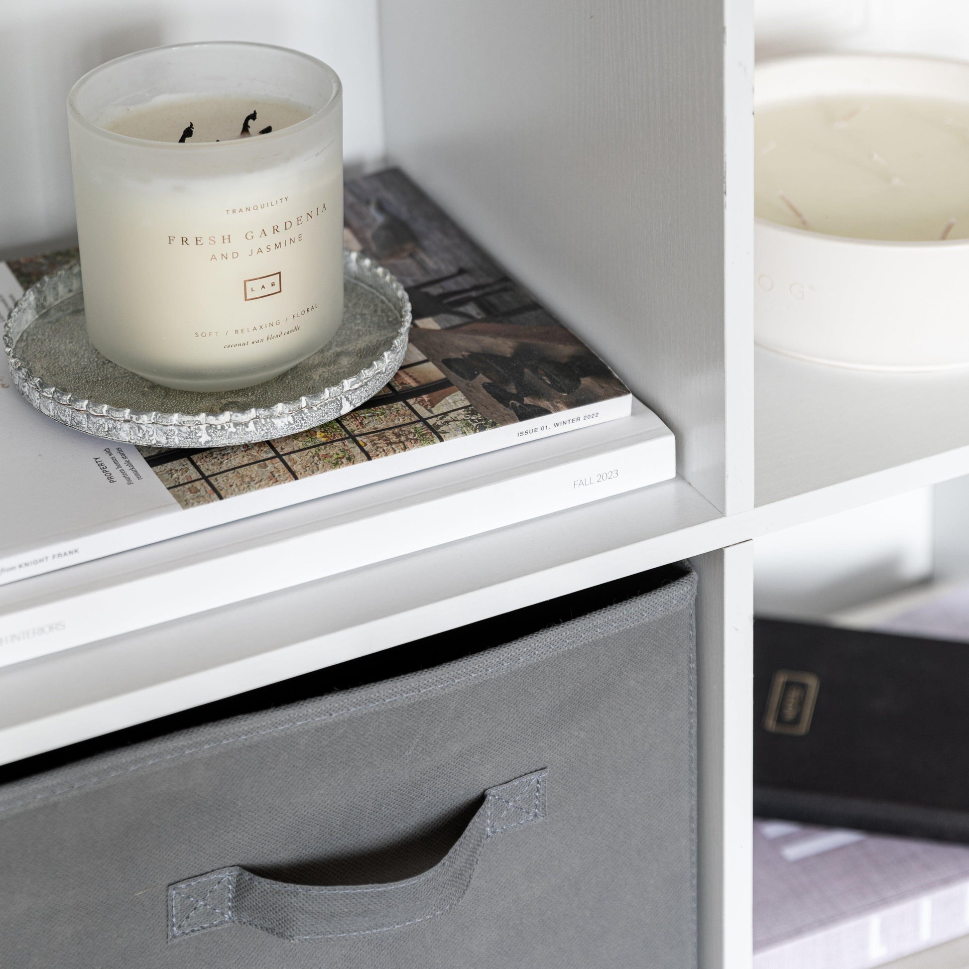 6 Cube bookcase ladder storage unit - white with grey boxes - Laura James