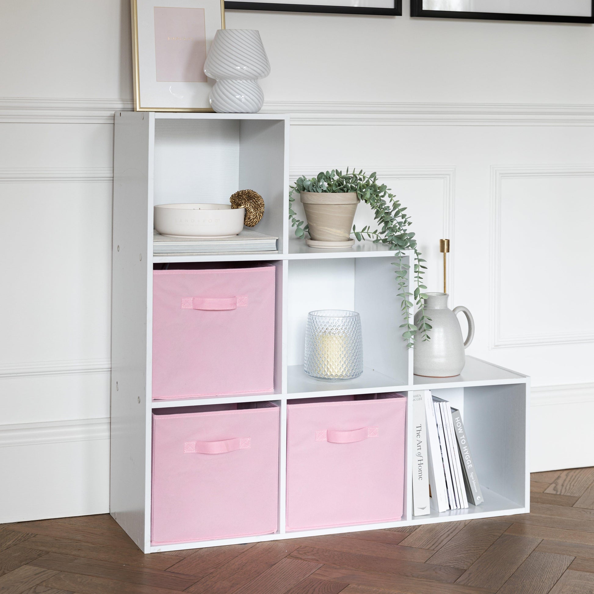 6 Cube bookcase ladder storage unit - white with pink boxes - Laura James