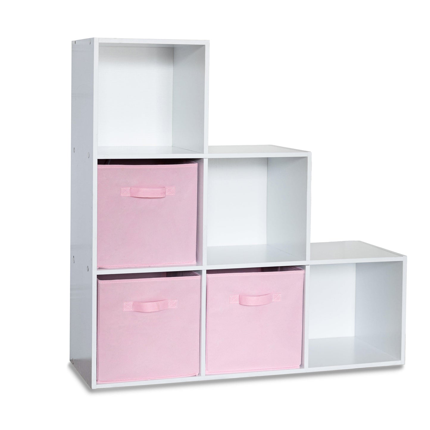 6 Cube bookcase ladder storage unit - white with pink boxes - Laura James