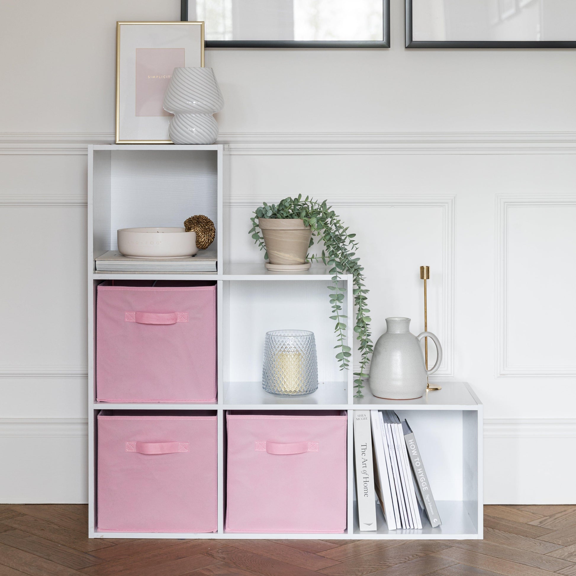 6 Cube bookcase ladder storage unit - white with pink boxes - Laura James