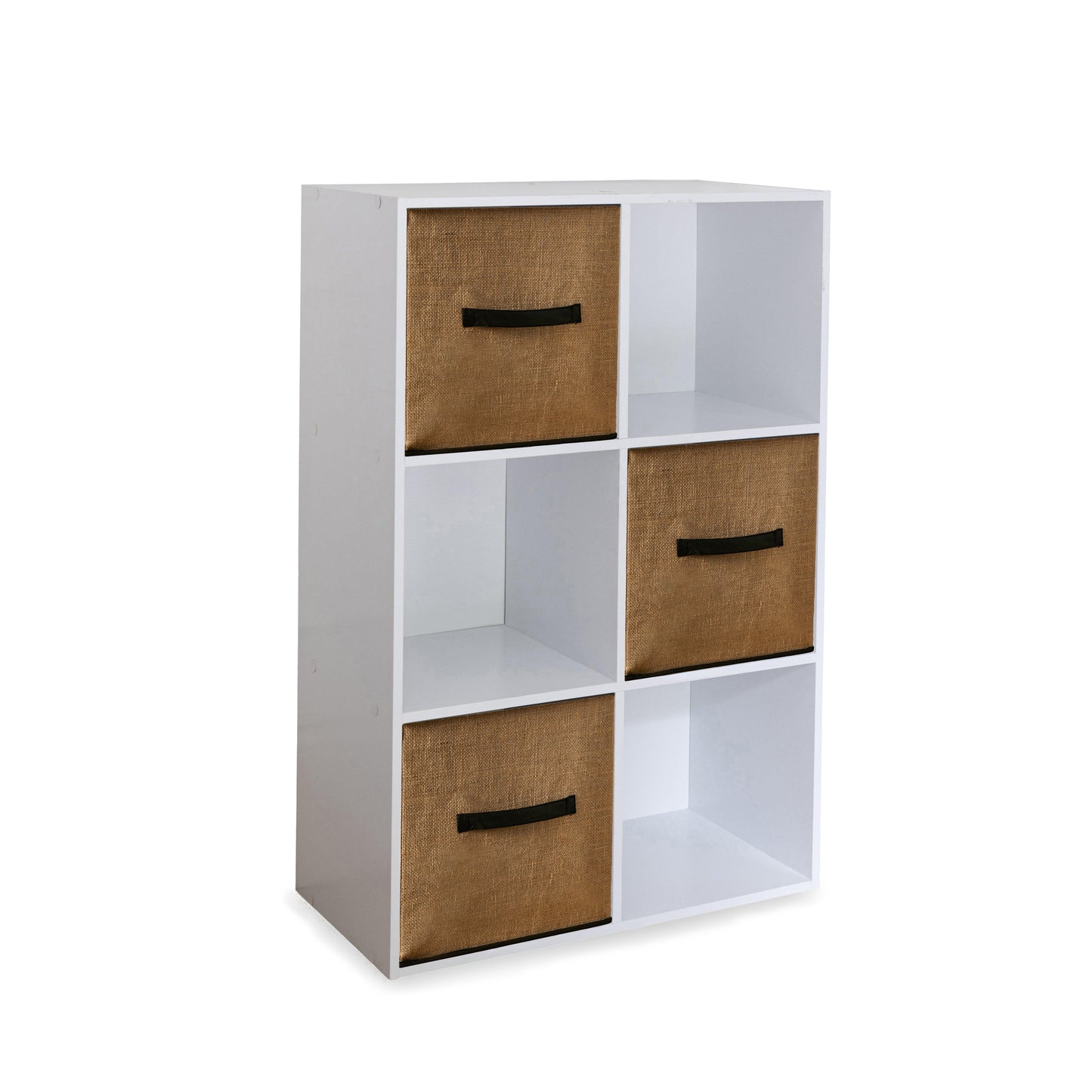 6 Cube Chalk White Bookcase Wooden Display Unit Shelving Storage Bookshelf Shelves - Jute Natural Basket