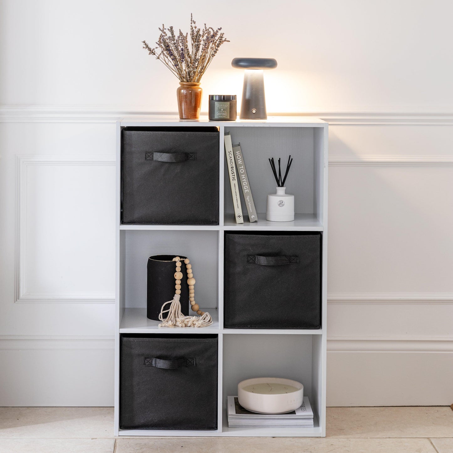 6 Cube White Bookcase Wooden Display Unit Shelving Storage Bookshelf Shelves (Black Basket) - Laura James