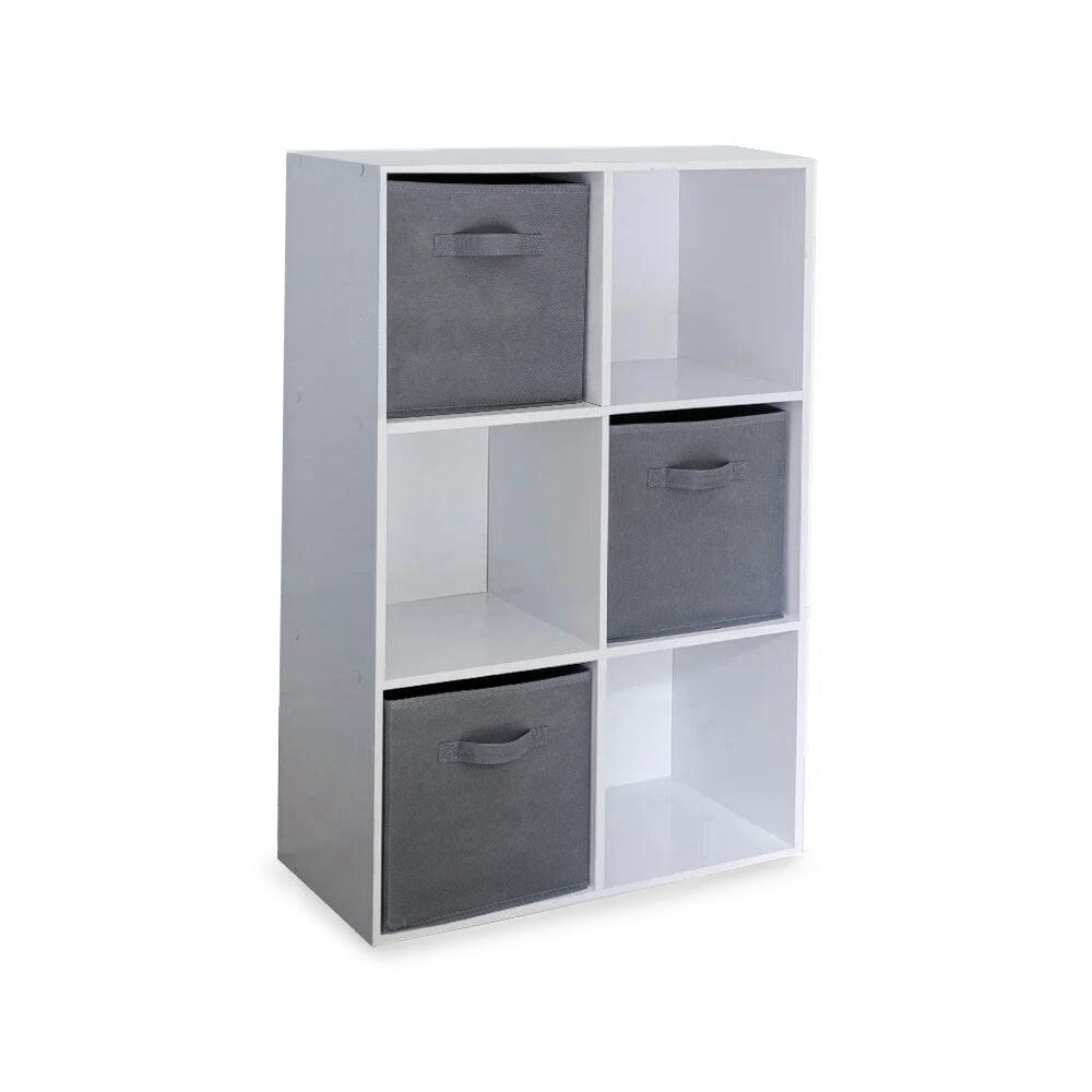 6 Cube White Bookcase Wooden Display Unit Shelving Storage Bookshelf Shelves (Grey Basket) - Laura James