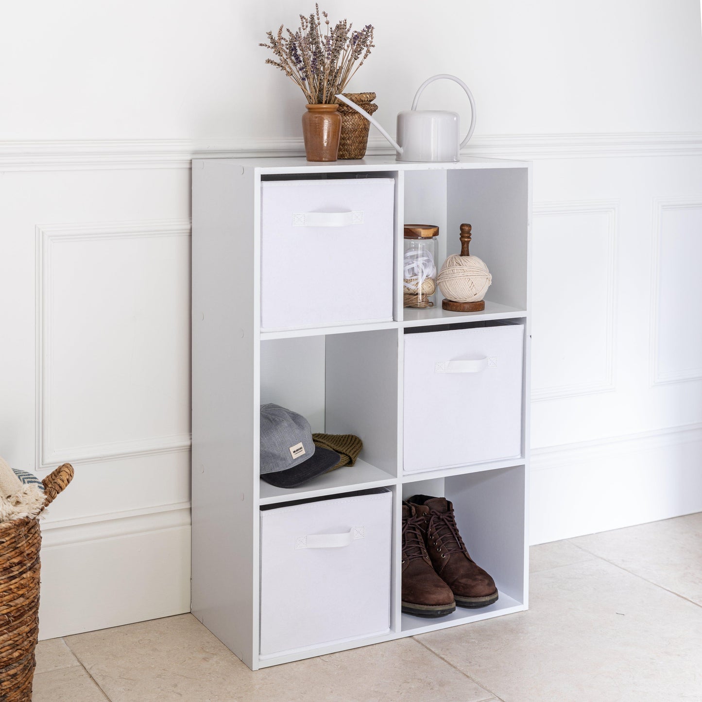 6 Cube White Bookcase Wooden Display Unit Shelving Storage Bookshelf Shelves (White Basket) - Laura James