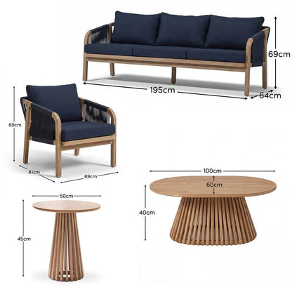 Shiro Wooden Garden Set with 3 Seater Sofa - 2 Shiro Navy Armchairs - Willow Coffee & Side Table - Laura James
