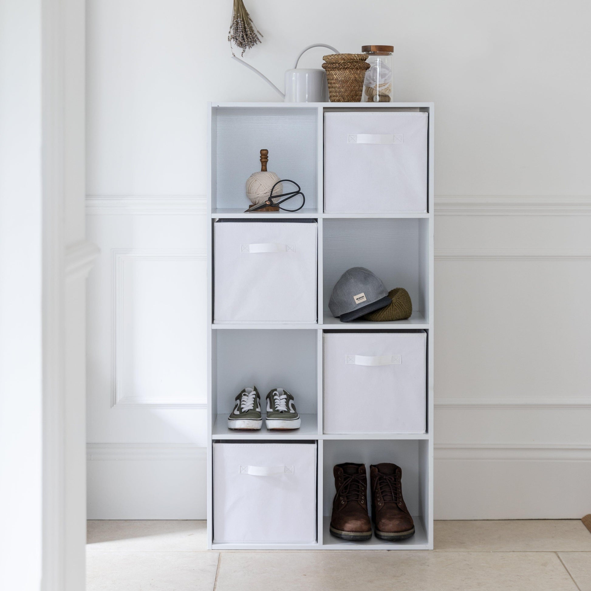 8 Cube Shelf Unit & 4 White Handled Box Drawers - Laura James