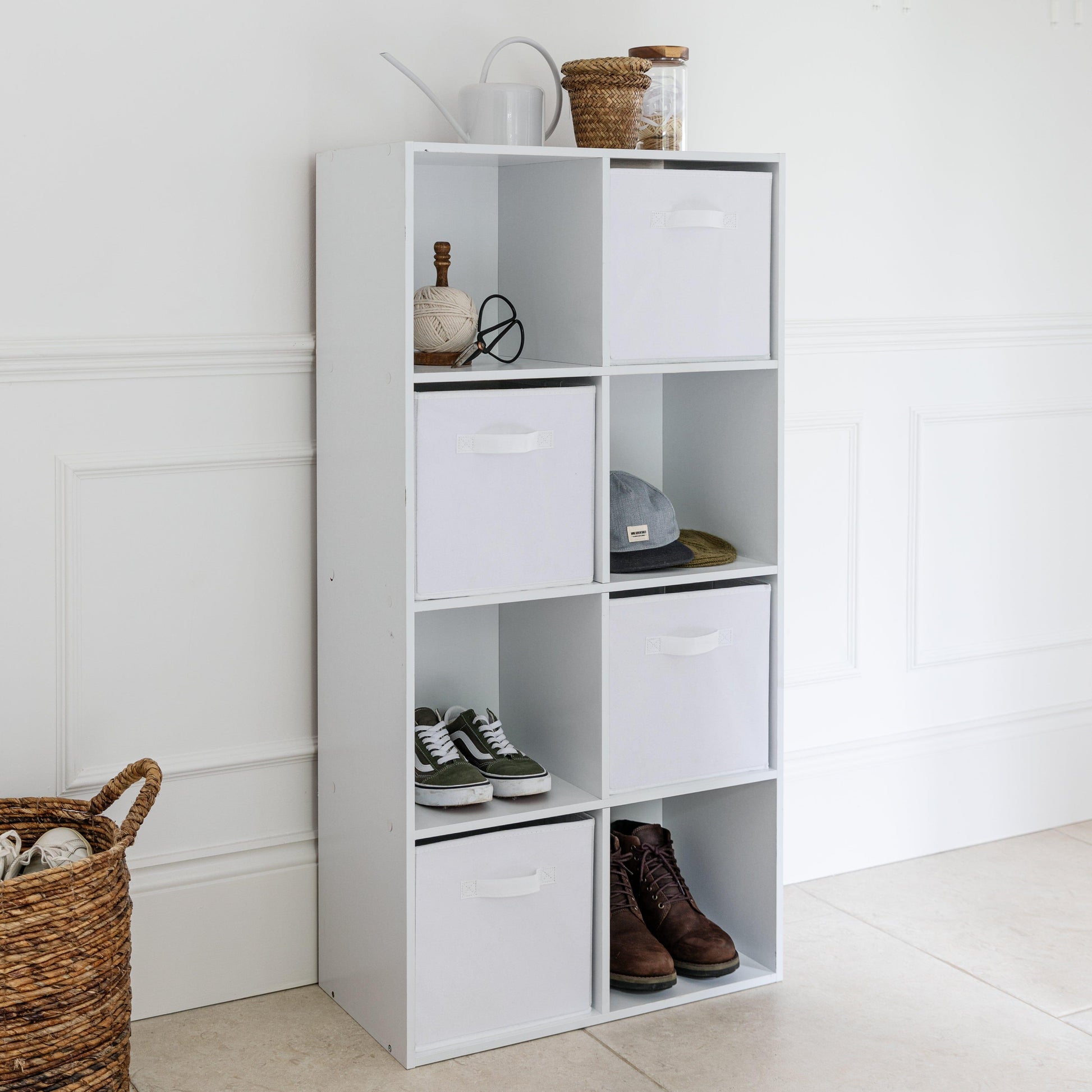 8 Cube Shelf Unit & 4 White Handled Box Drawers - Laura James