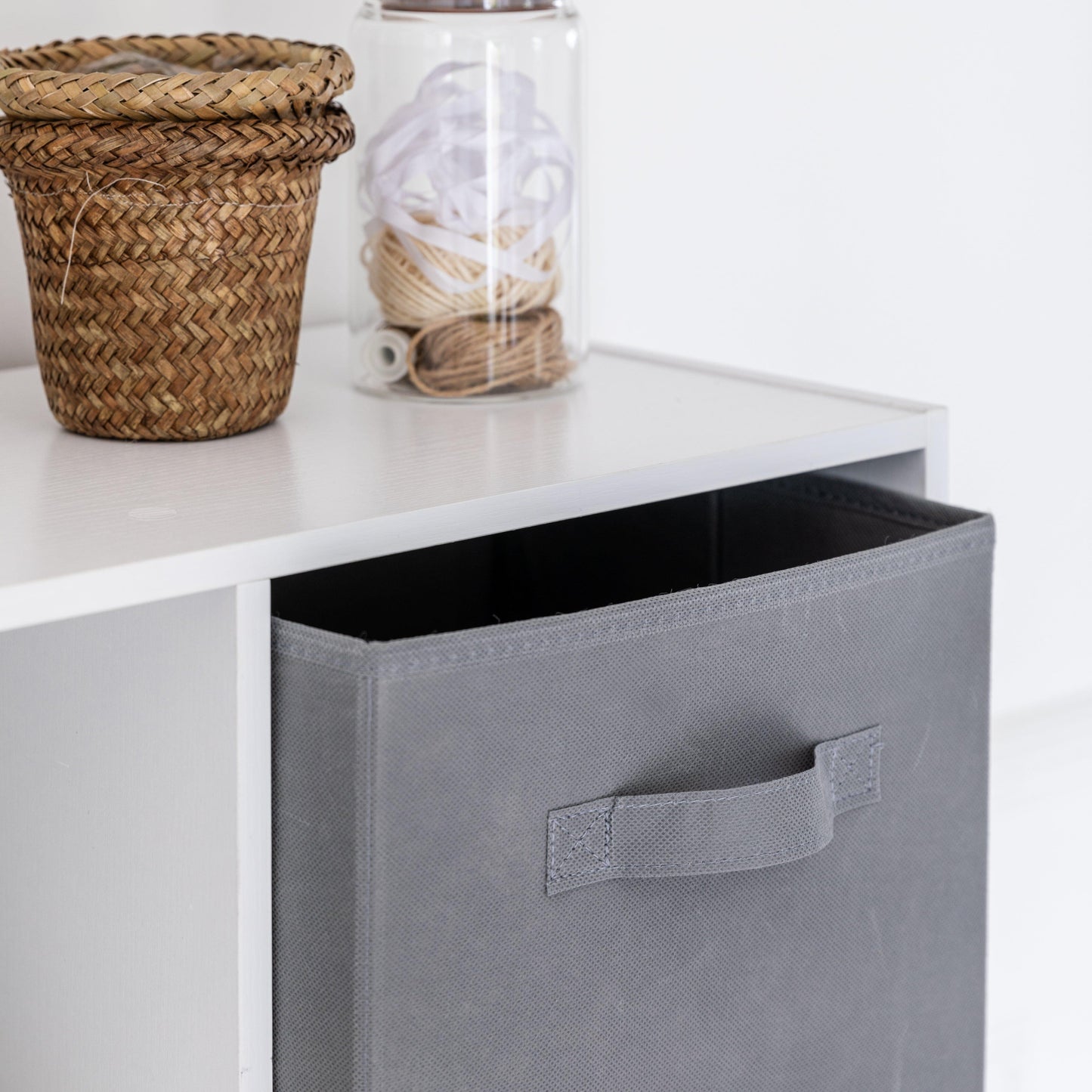 8 Cube Storage Unit in White & 4 Grey Handled Box Drawers - Laura James