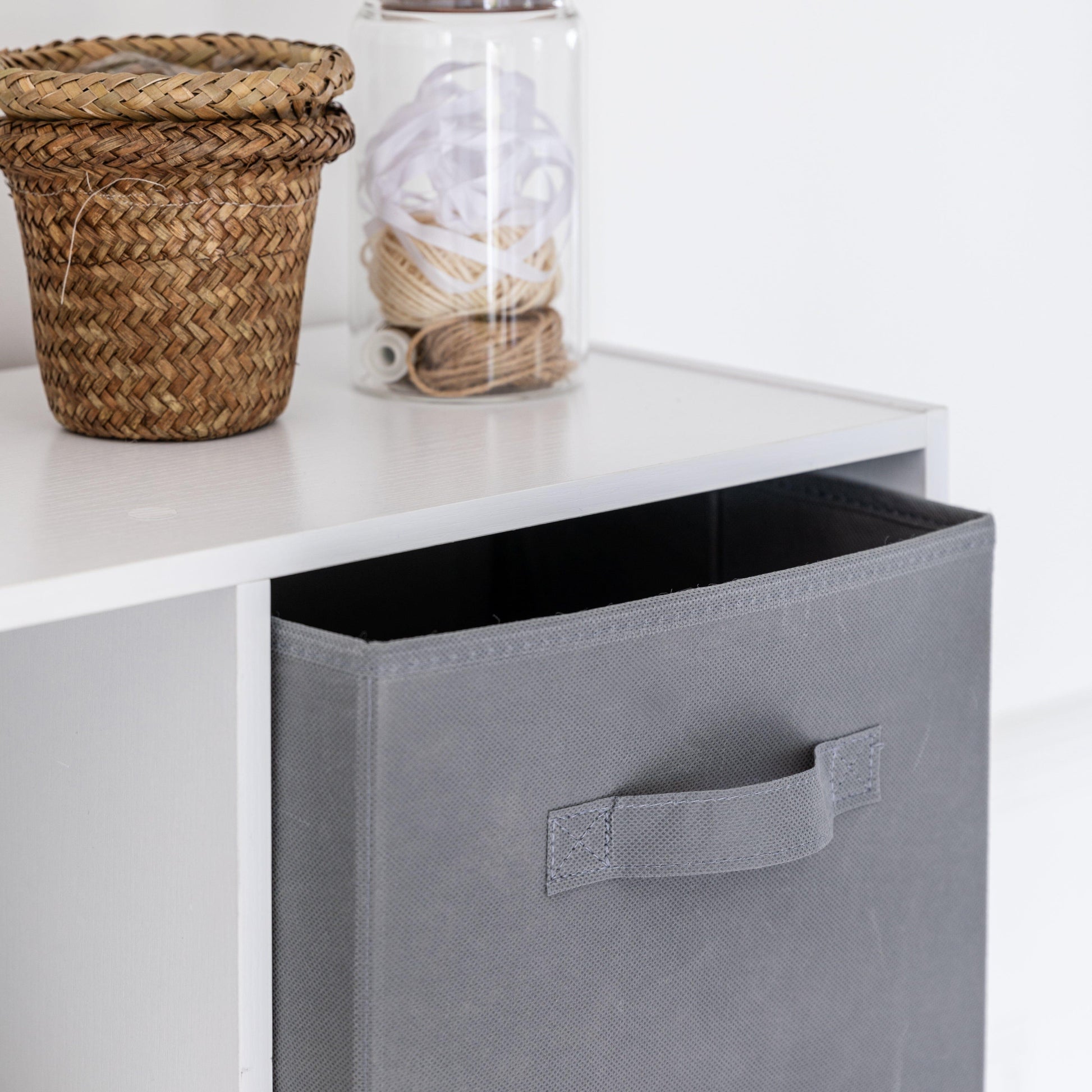 8 Cube Storage Unit in White & 4 Grey Handled Box Drawers - Laura James