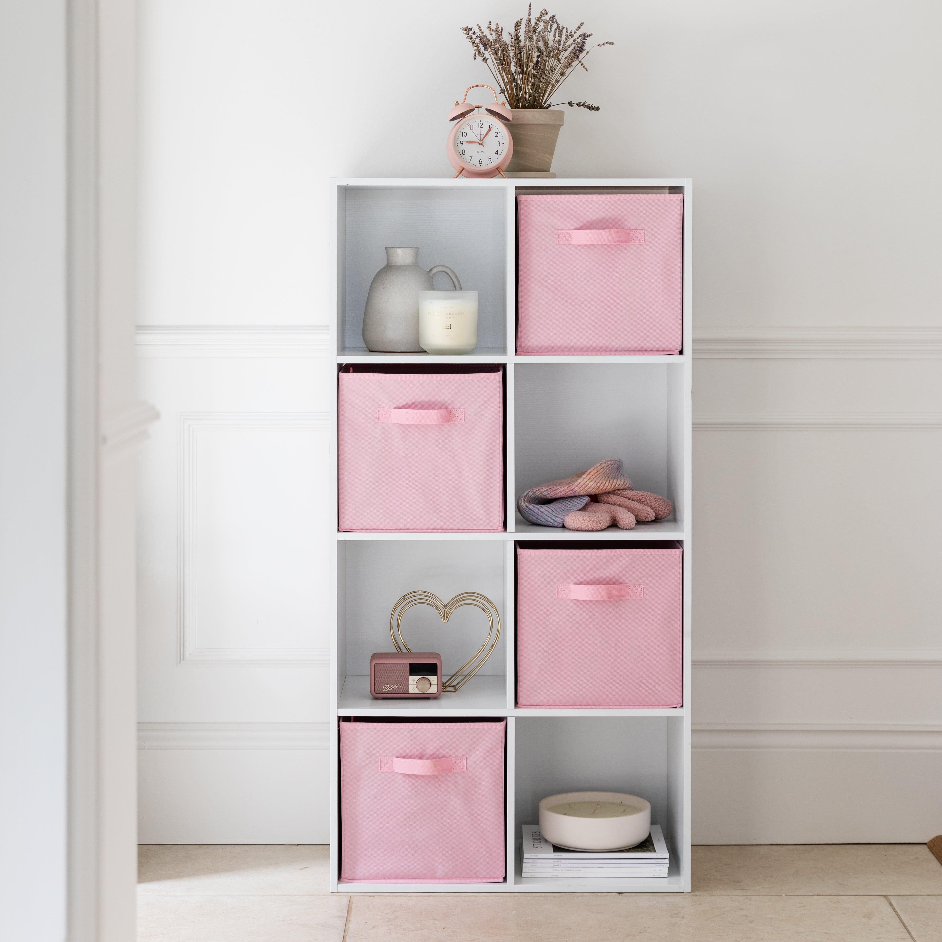 Cara 8 Cube Storage Unit in Chalk White & 4 Pink Handled Box