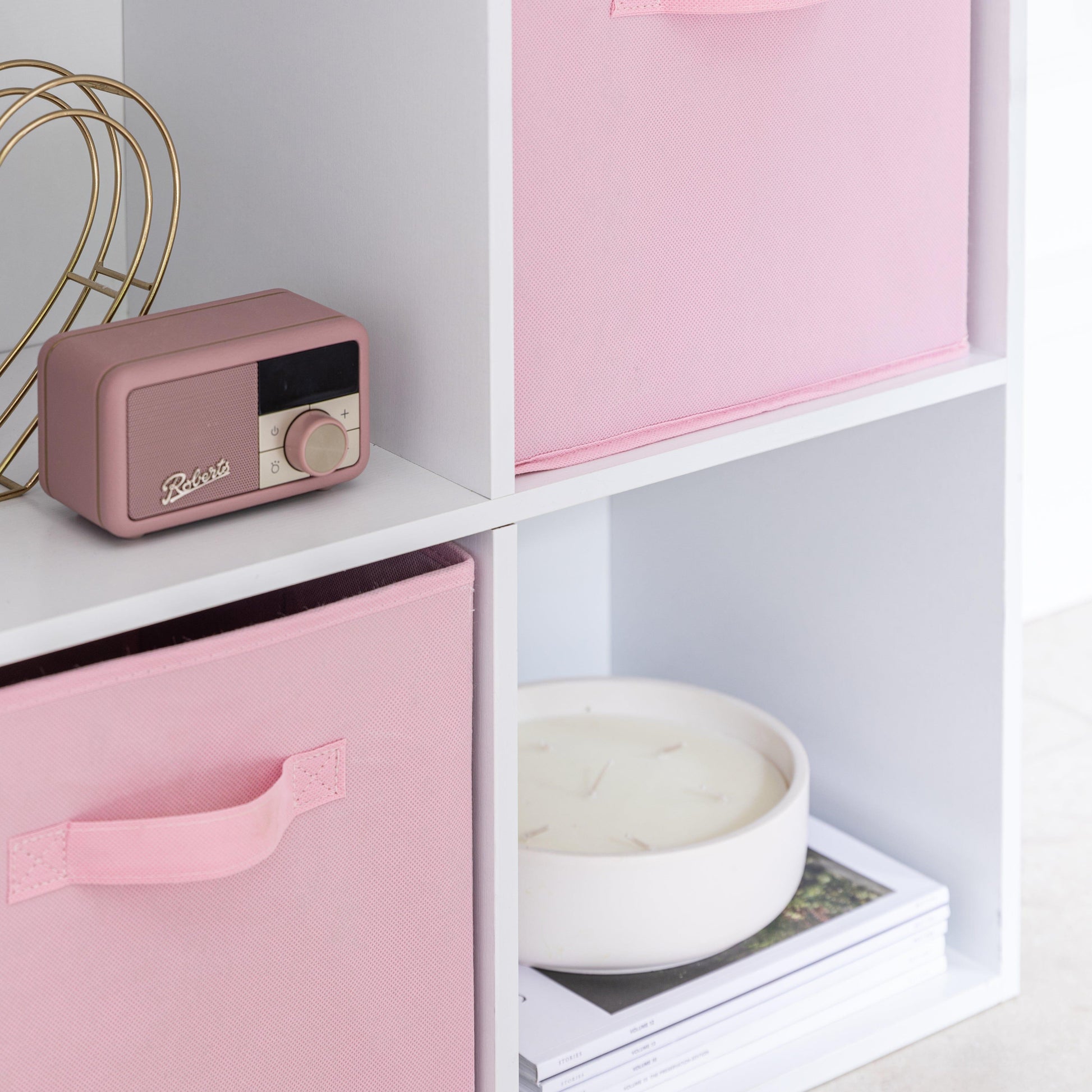8 Cube Storage Unit in White & 4 Pink Handled Box Drawers - Laura James
