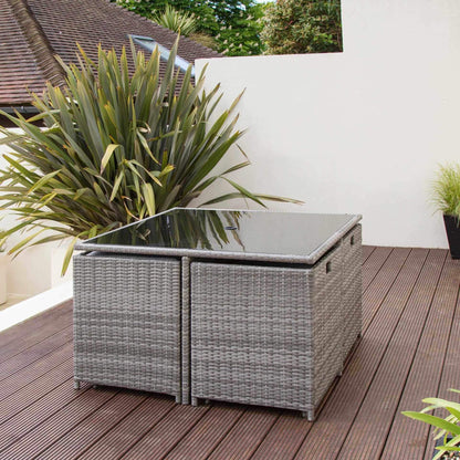 8 Seat Rattan Cube Outdoor Dining Set with LED Premium Parasol - Grey Weave with Grey Cushion - Laura James