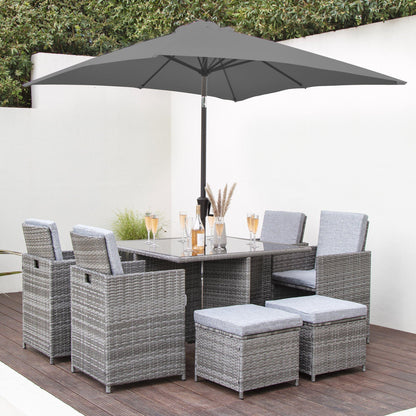 8 Seat Rattan Cube Outdoor Dining Set with LED Premium Parasol - Grey Weave with Grey Cushion - Laura James