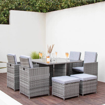 8 Seat Rattan Cube Outdoor Dining Set with LED Premium Parasol - Grey Weave with Grey Custion