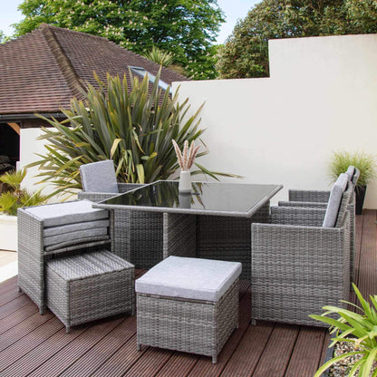 8 Seat Rattan Cube Outdoor Dining Set with LED Premium Parasol - Grey Weave with Grey Cushion - Laura James