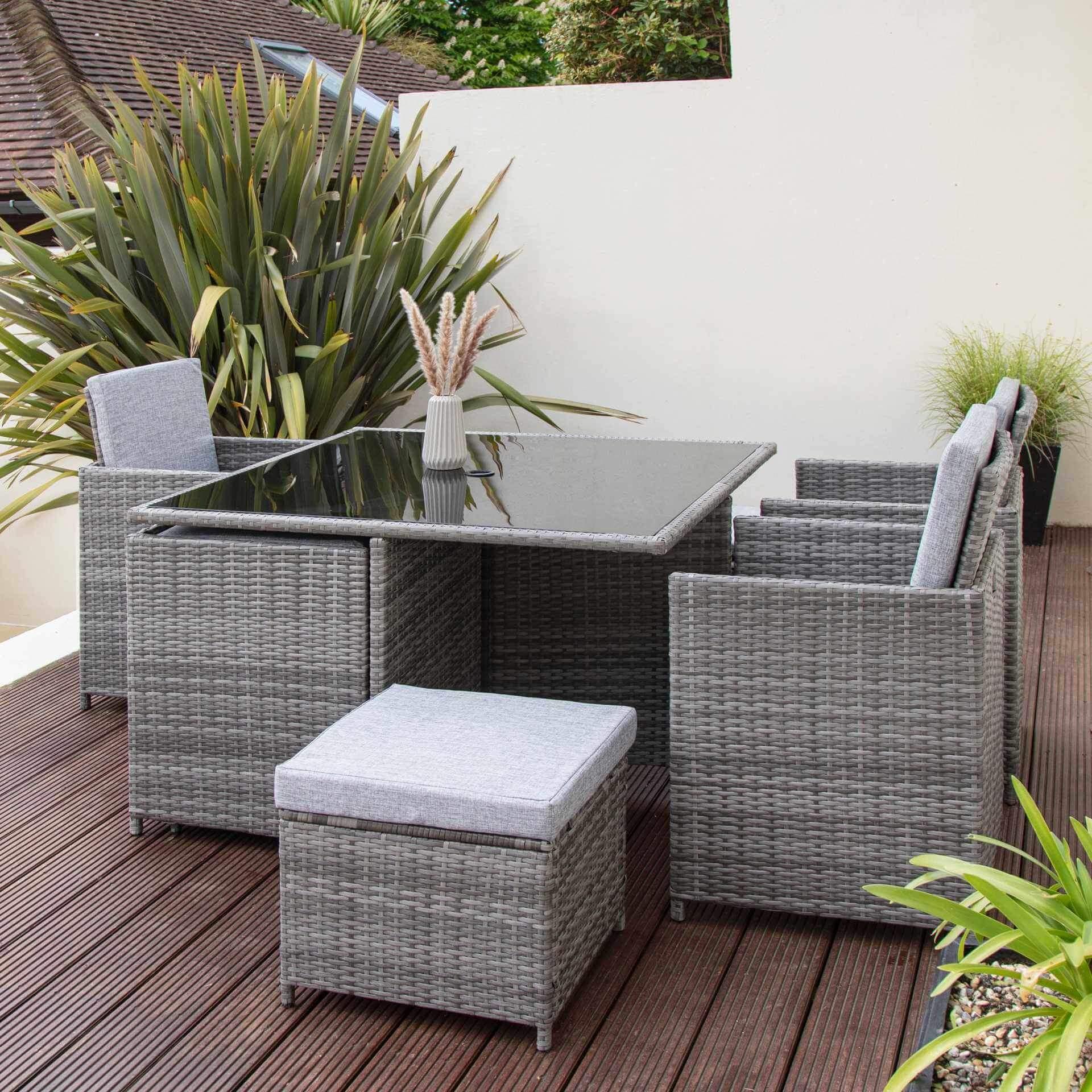 8 Seat Rattan Cube Outdoor Dining Set with LED Premium Parasol - Grey Weave with Grey Cushion - Laura James