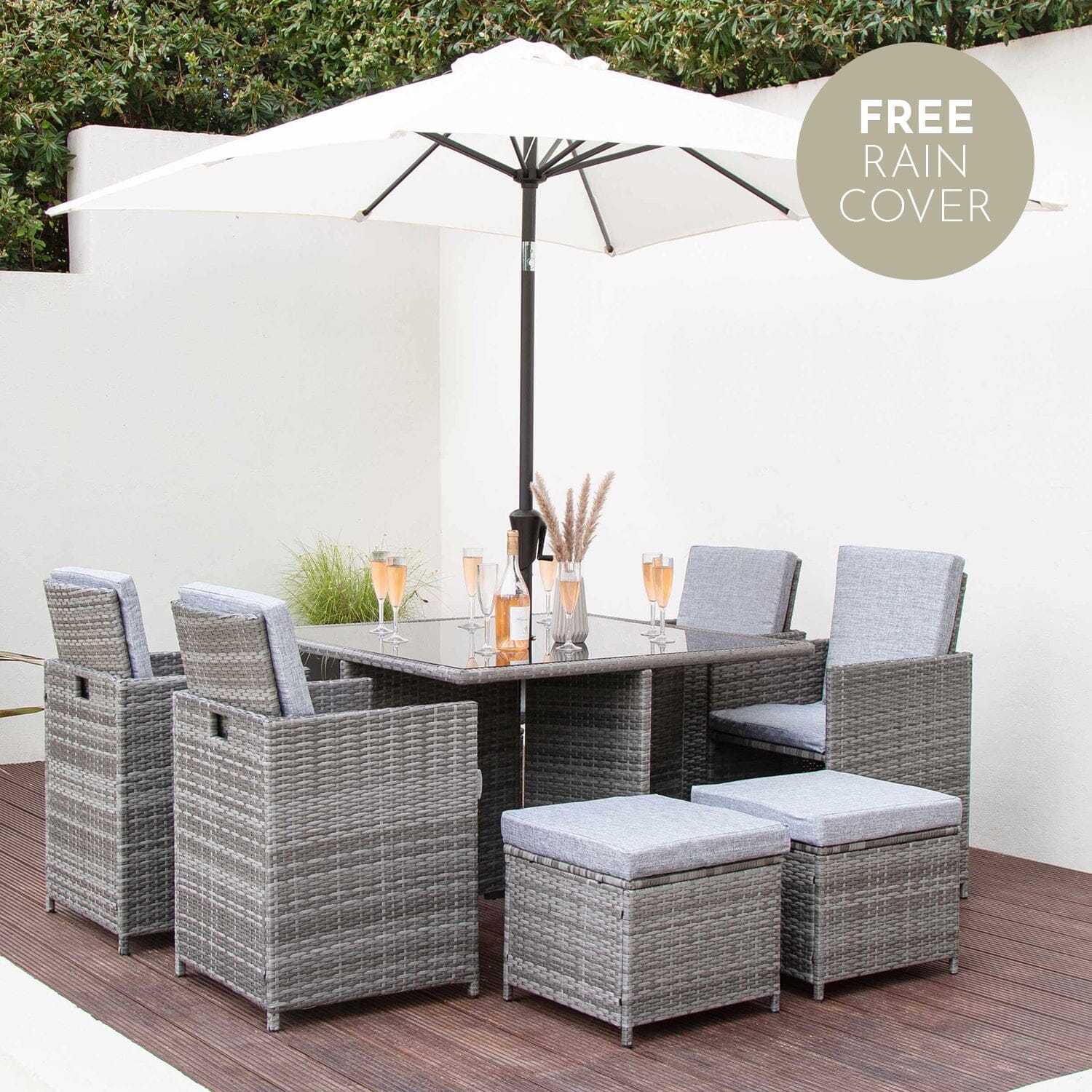 8 Seater Rattan Cube Outdoor Dining Set with Parasol - Grey Weave - Laura James