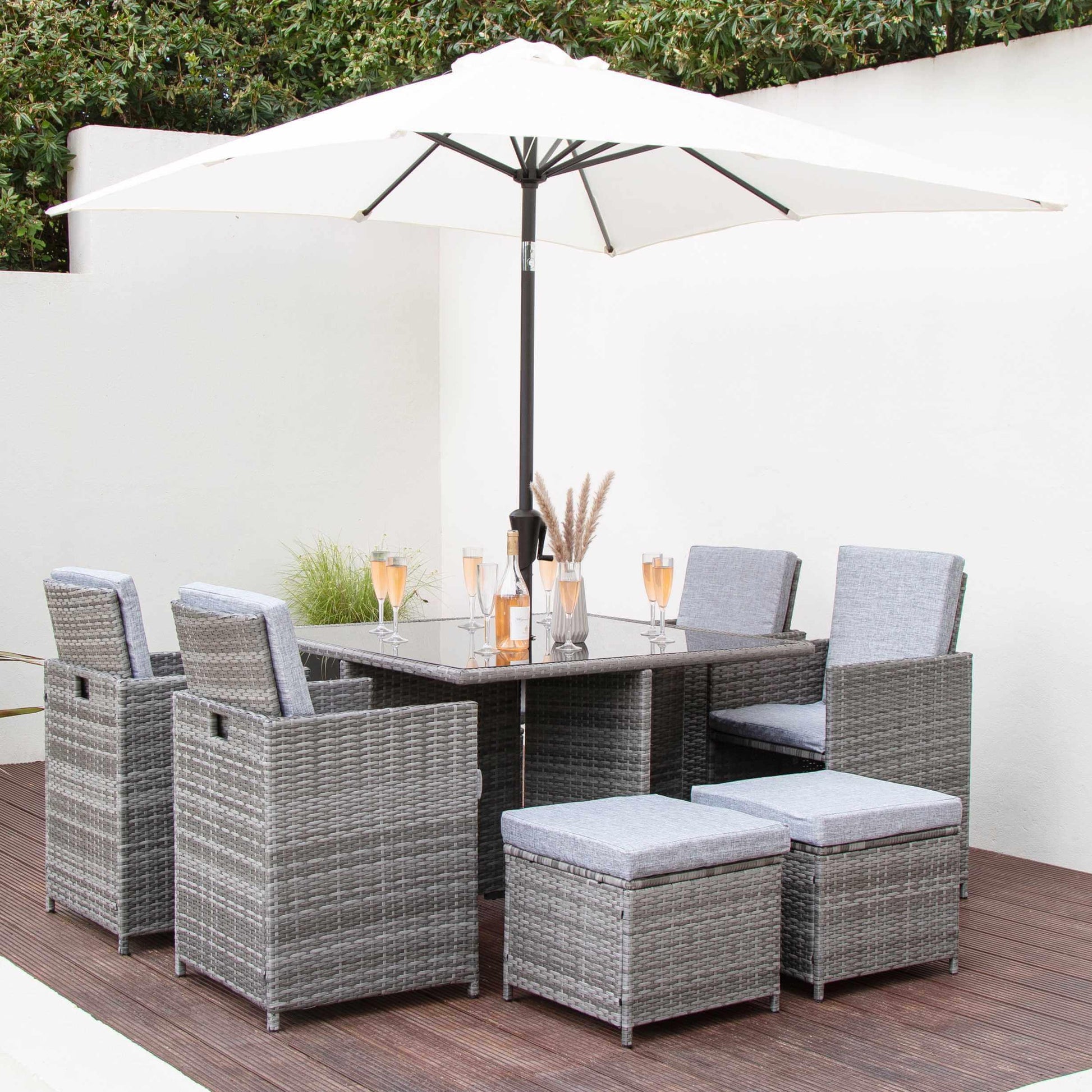 8 Seat Rattan Cube Outdoor Dining Set with LED Premium Parasol and Parasol Rain Cover - Grey Weave - Laura James