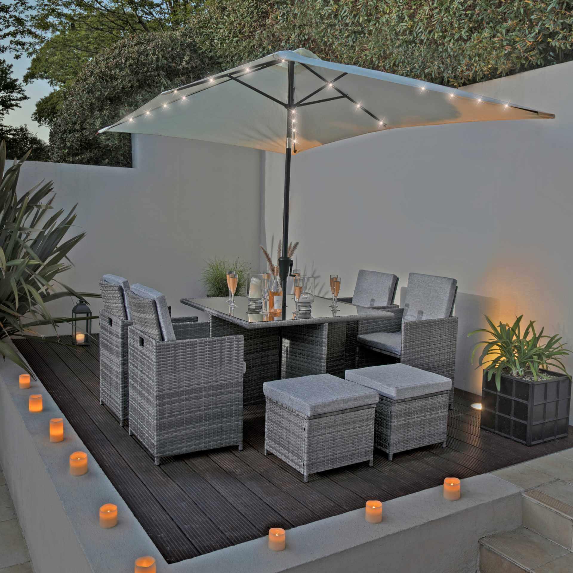 8 Seat Rattan Cube Outdoor Dining Set with LED Premium Parasol and Parasol Rain Cover - Grey Weave - Laura James