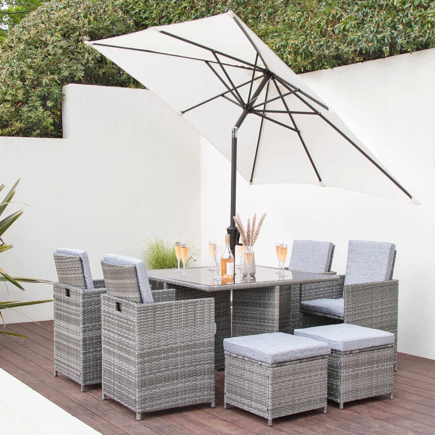 8 Seat Rattan Cube Outdoor Dining Set with LED Premium Parasol and Parasol Rain Cover - Grey Weave - Laura James