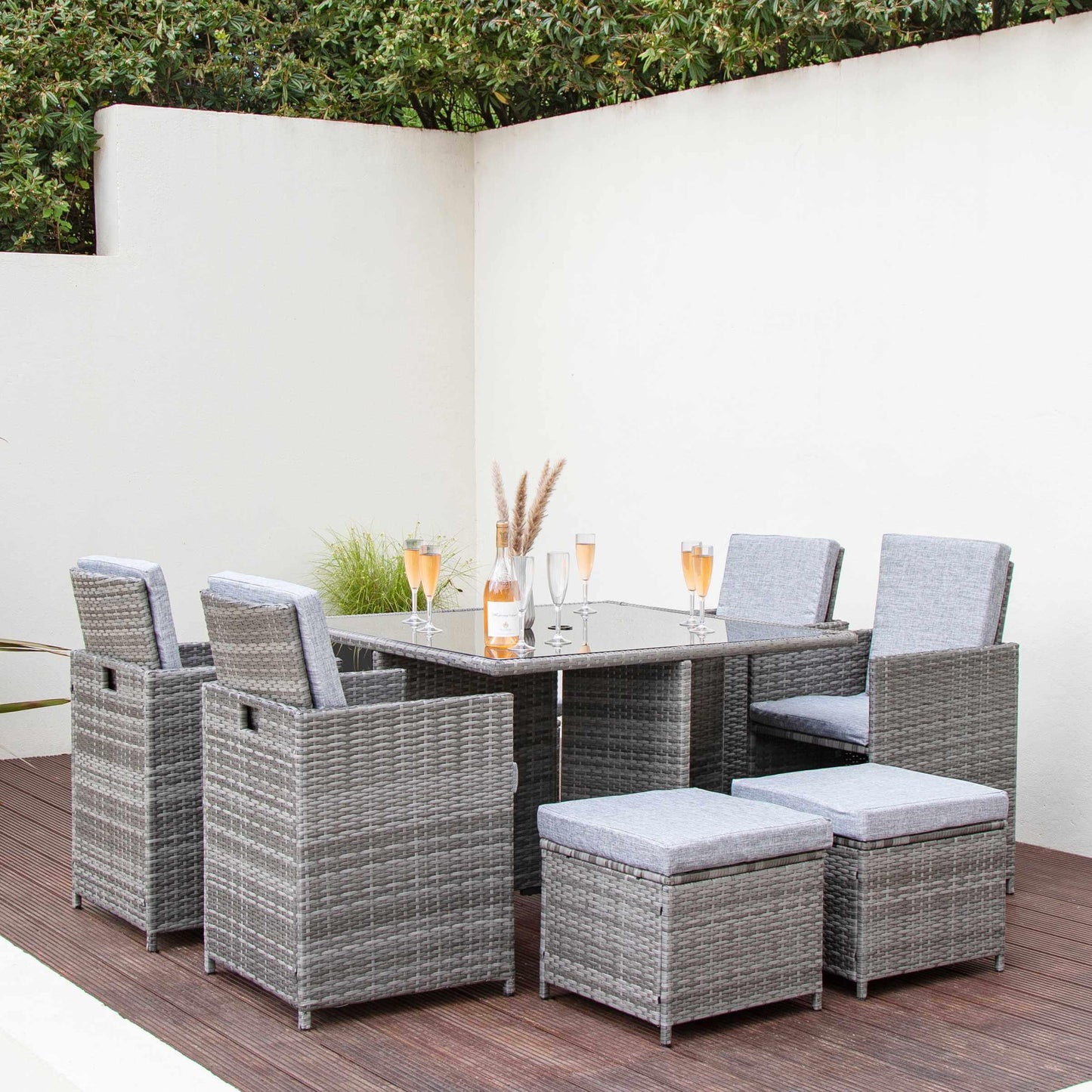 8 Seat Rattan Cube Outdoor Dining Set with LED Premium Parasol and Parasol Rain Cover - Grey Weave - Laura James