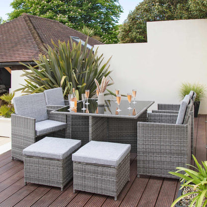 8 Seat Rattan Cube Outdoor Dining Set with LED Premium Parasol and Parasol Rain Cover - Grey Weave - Laura James