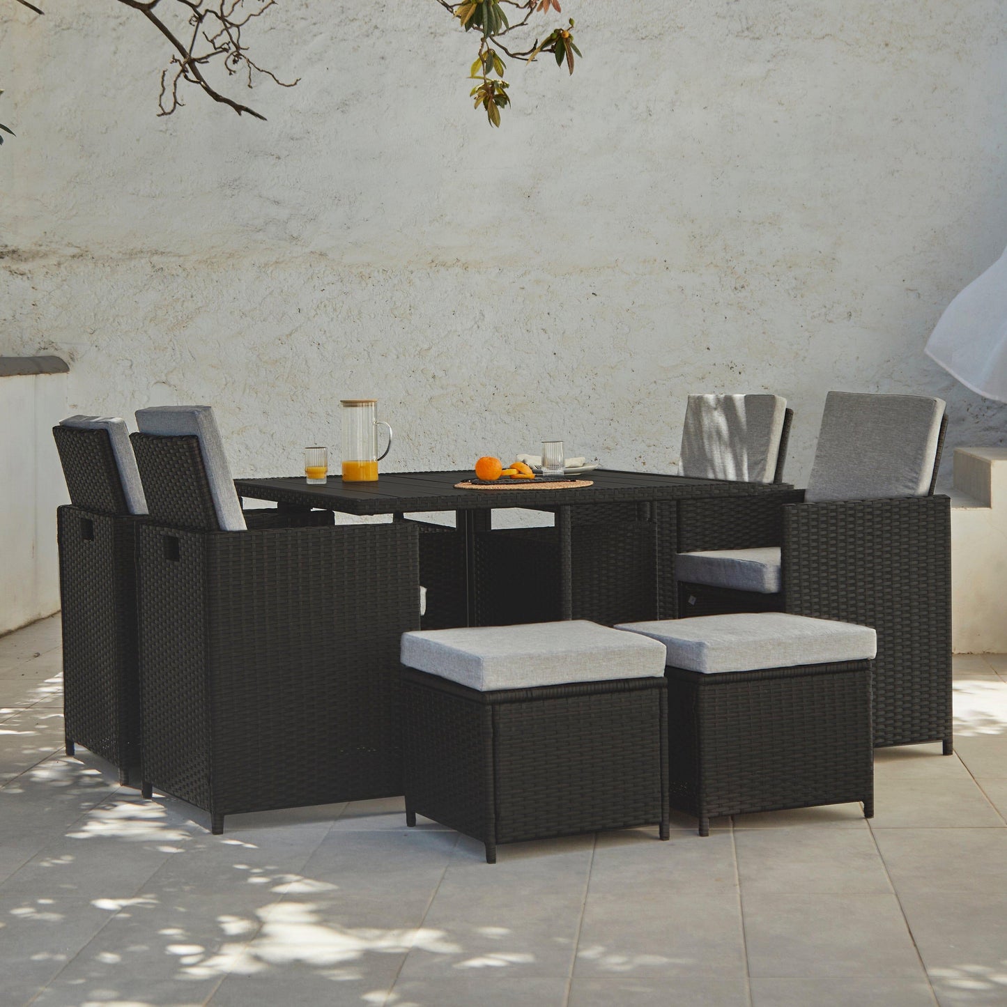 8 Seater Rattan Cube Outdoor Dining Set - Black Weave Polywood Top - Laura James