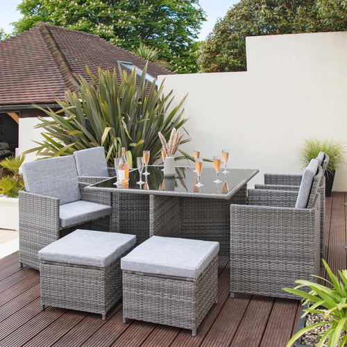 8 Seater Rattan Cube Outdoor Dining Set - Grey Weave with Grey Cushions