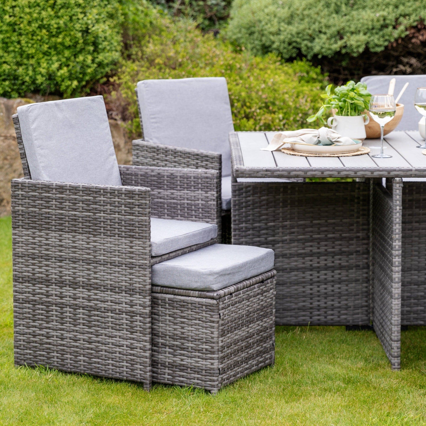 8 Seater Rattan Cube Outdoor Dining Set Grey LED Premium Parasol  - Grey Weave Polywood Top