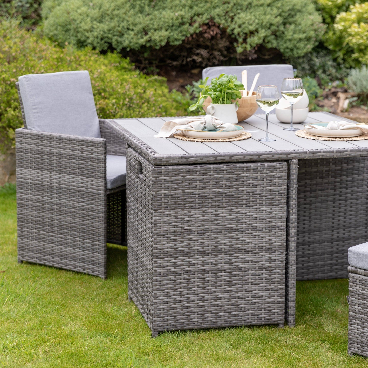 Cube 8 Seater Rattan Outdoor Dining Set Grey LED Premium Parasol  - Grey Weave Polywood Top