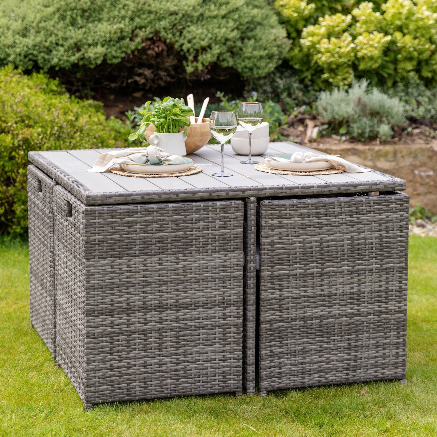 Cube 8 Seater Rattan Outdoor Dining Set Grey LED Premium Parasol  - Grey Weave Polywood Top