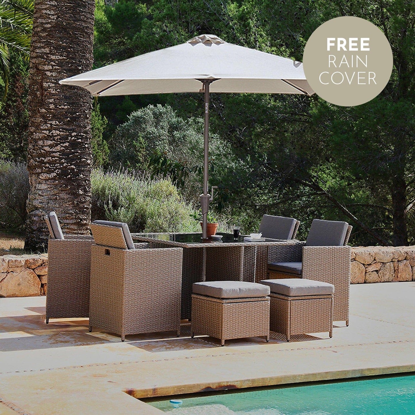 8 seater rattan cube outdoor dining set with cream LED premium parasol - Natural Brown- Black Glass Top - Laura James