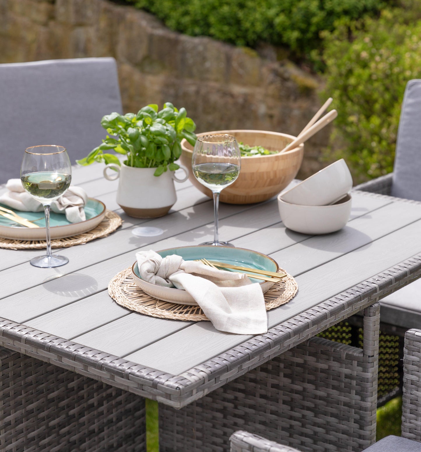 8 Seater Rattan Cube Outdoor Dining Set with Cream Parasol - Grey Weave Polywood Top - Laura James