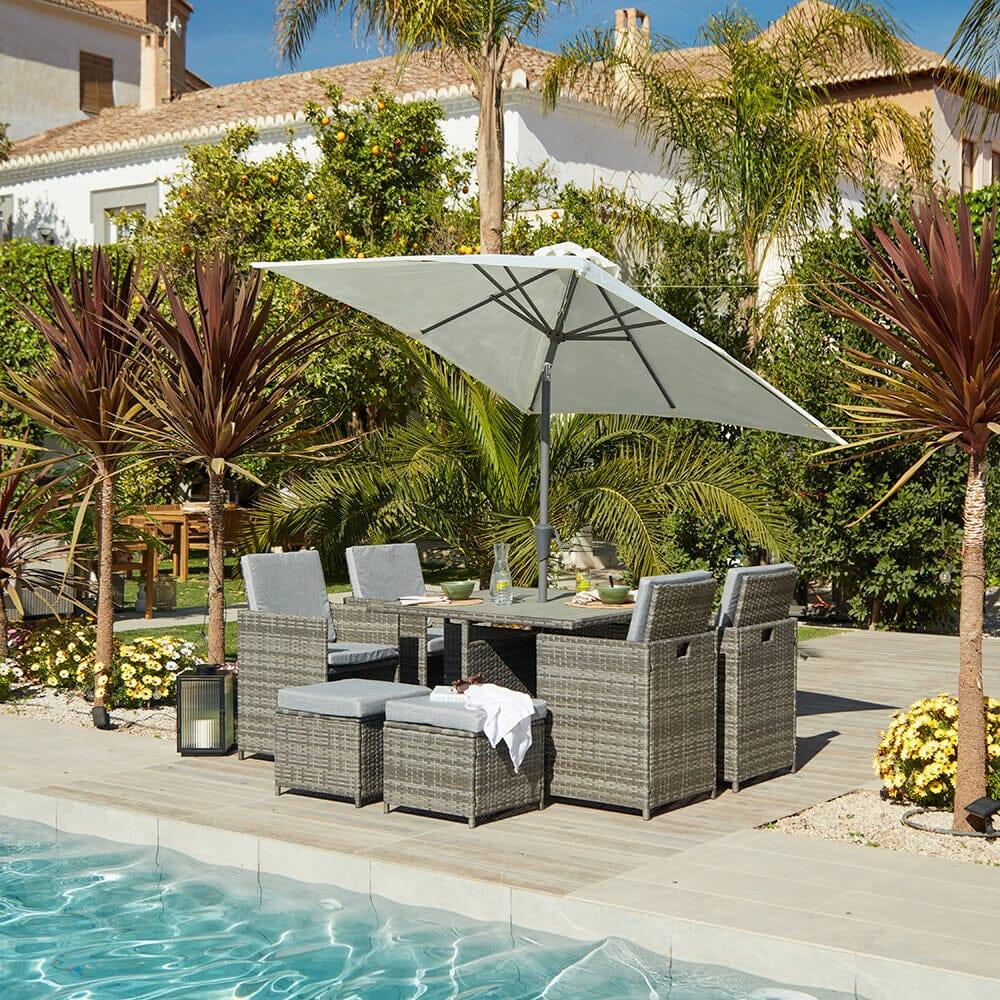Cube Seater Rattan Outdoor Dining Set with Cream Parasol Grey
