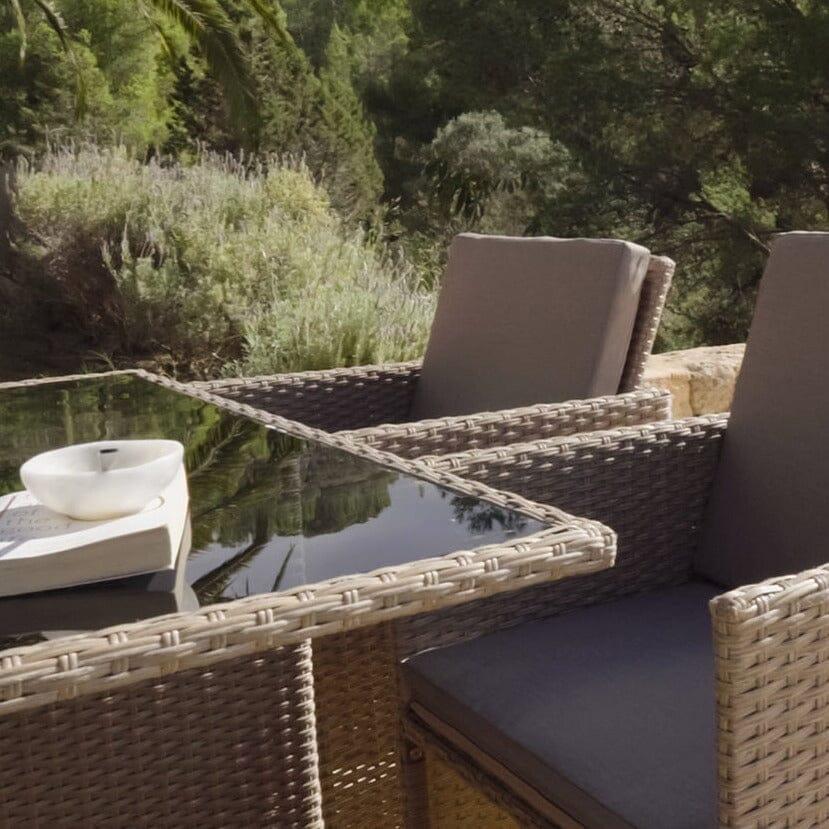 Cube 8 Seater Dining Set with Cream Parasol - Natural Brown Weave Glass Top