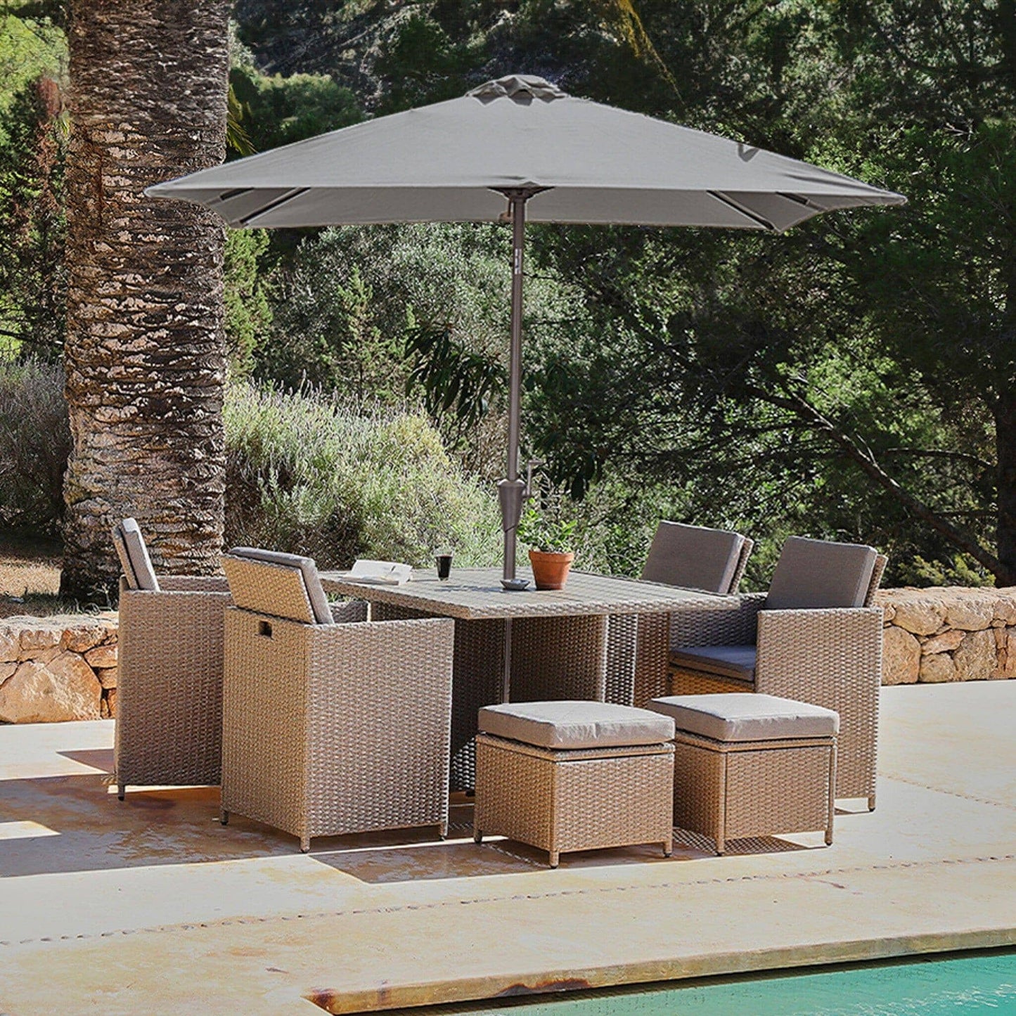 Cube 8 Seater Rattan Outdoor Dining Set with Grey LED Premium Parasol - Natural Brown Weave Polywood Top