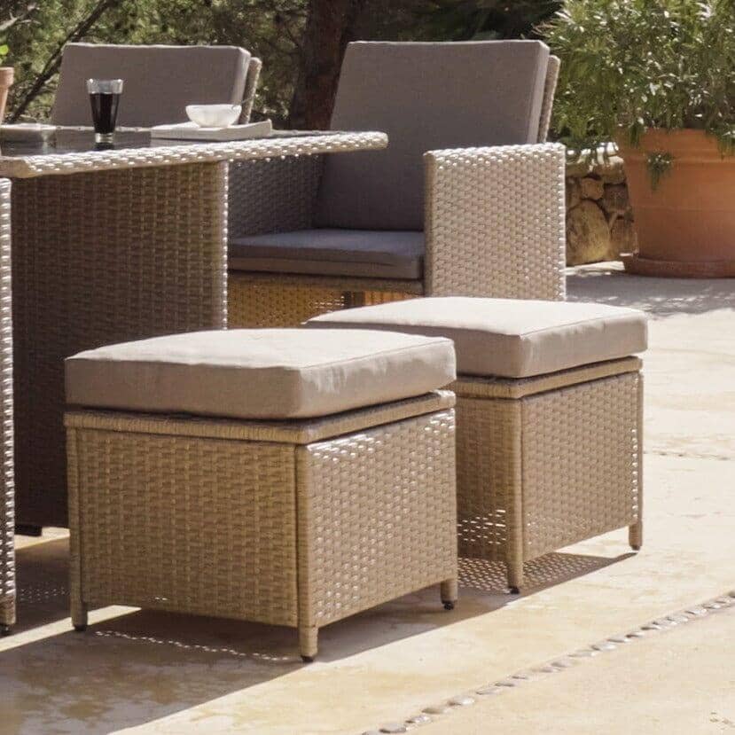 Cube 8 Seater Rattan Outdoor Dining Set with Grey LED Premium Parasol - Natural Brown Weave Polywood Top