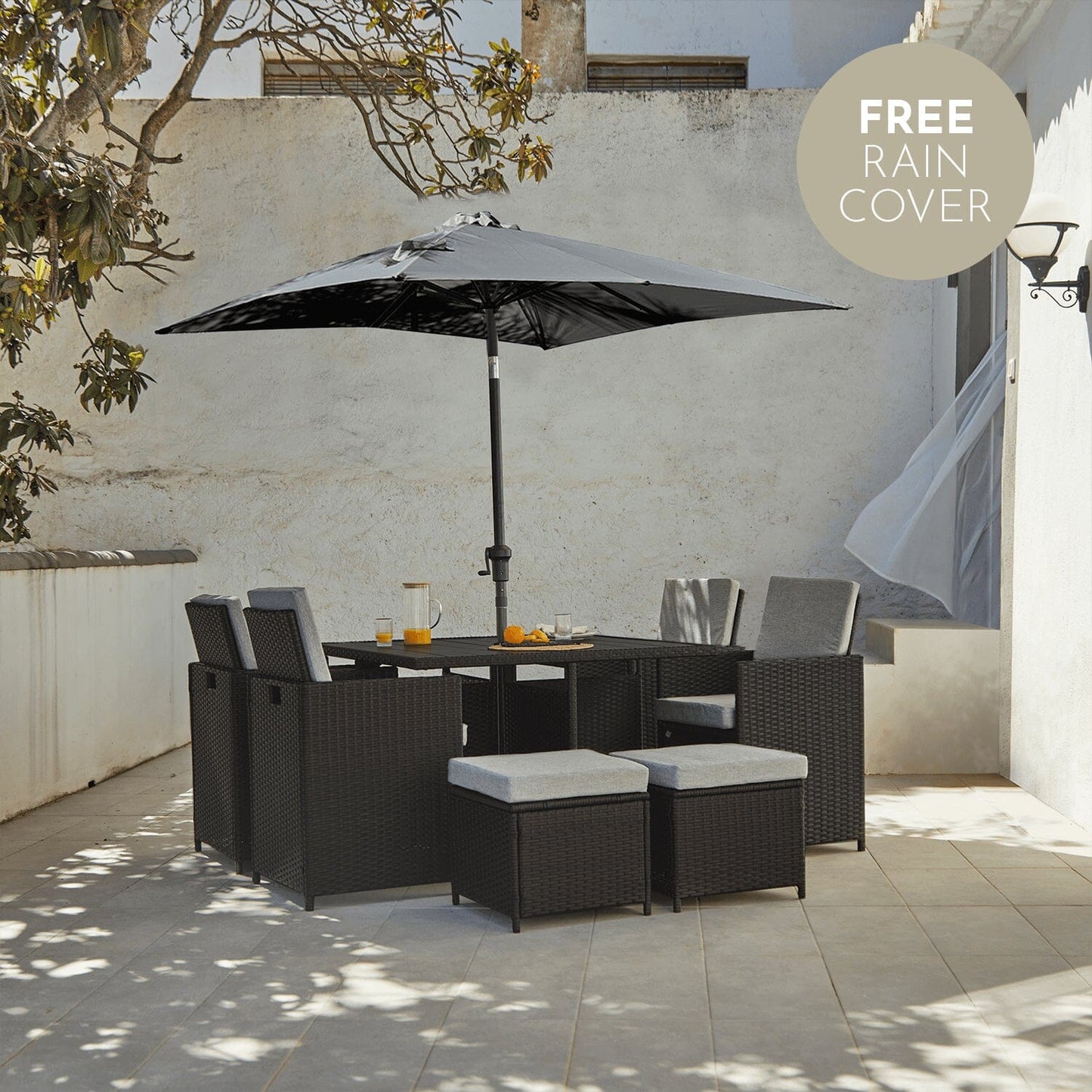 8 Seater Rattan Cube Outdoor Dining Set with Grey Parasol- Black Weave Polywood Top