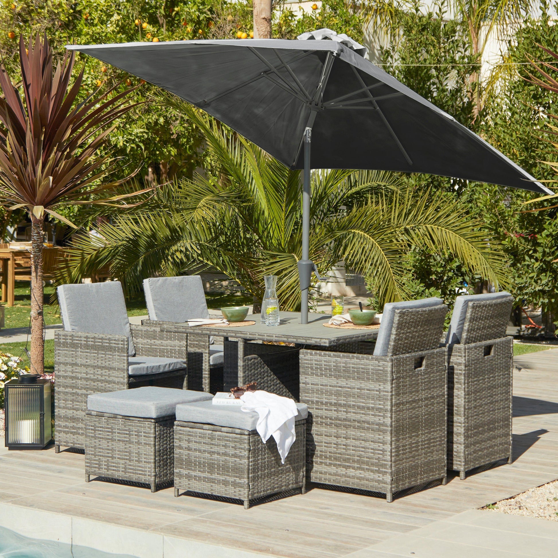 8 Seater Rattan Cube Outdoor Dining Set with Grey Parasol - Grey Weave Polywood Top