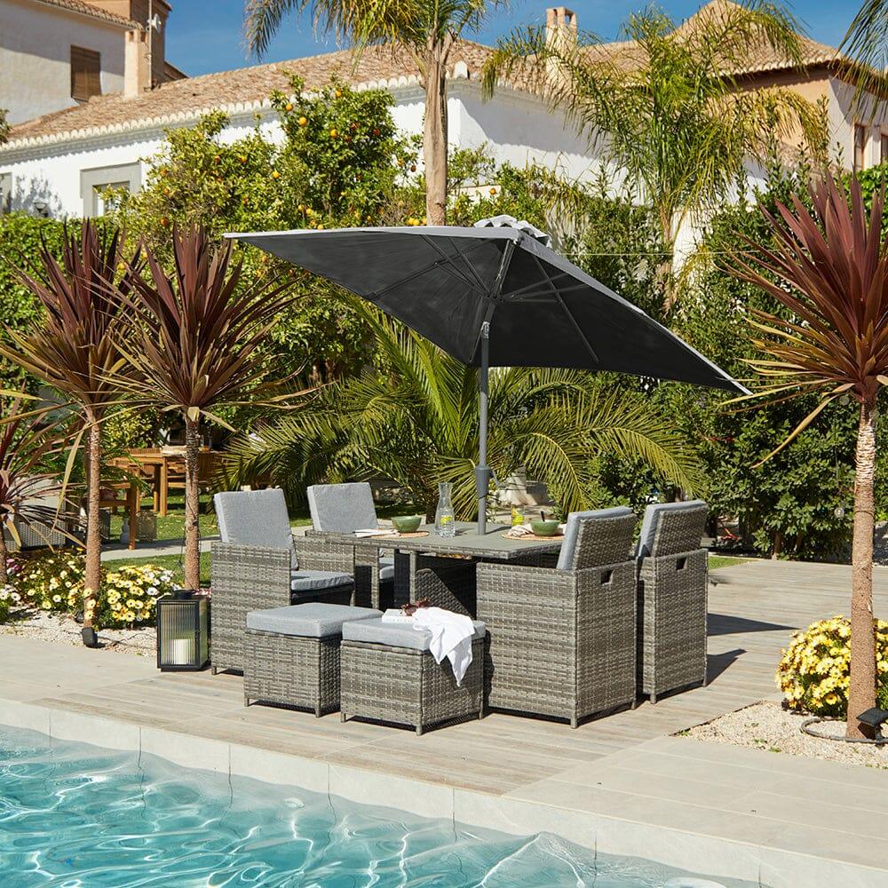 8 Seater Rattan Cube Outdoor Dining Set with Grey Parasol - Grey Weave Polywood Top