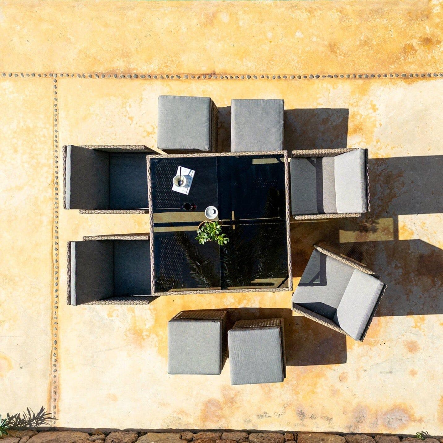 Cube 8 Seater Rattan Outdoor Dining Set with Grey Parasol - Natural Brown Weave