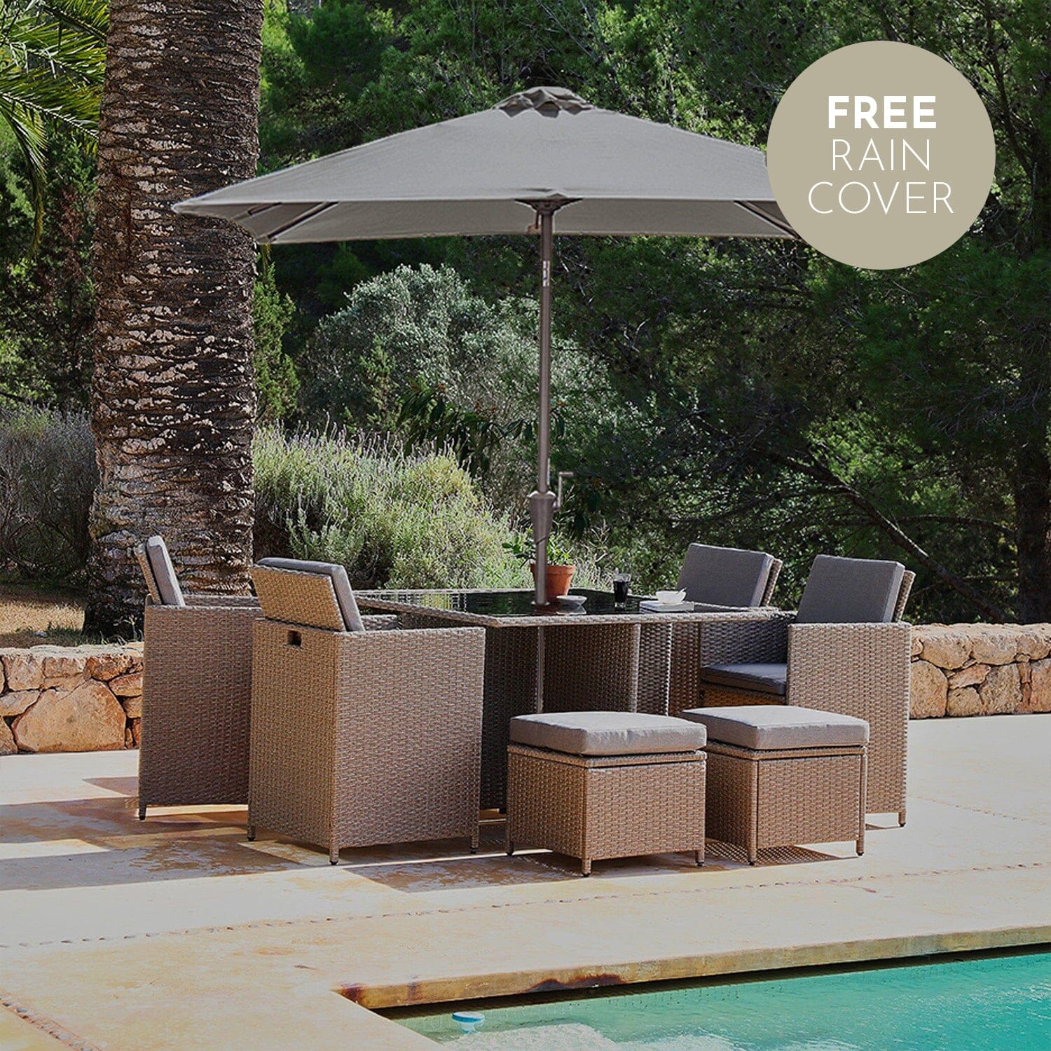 Cube 8 Seater Natural Rattan Outdoor Dining Set with Grey LED Parasol - Laura James