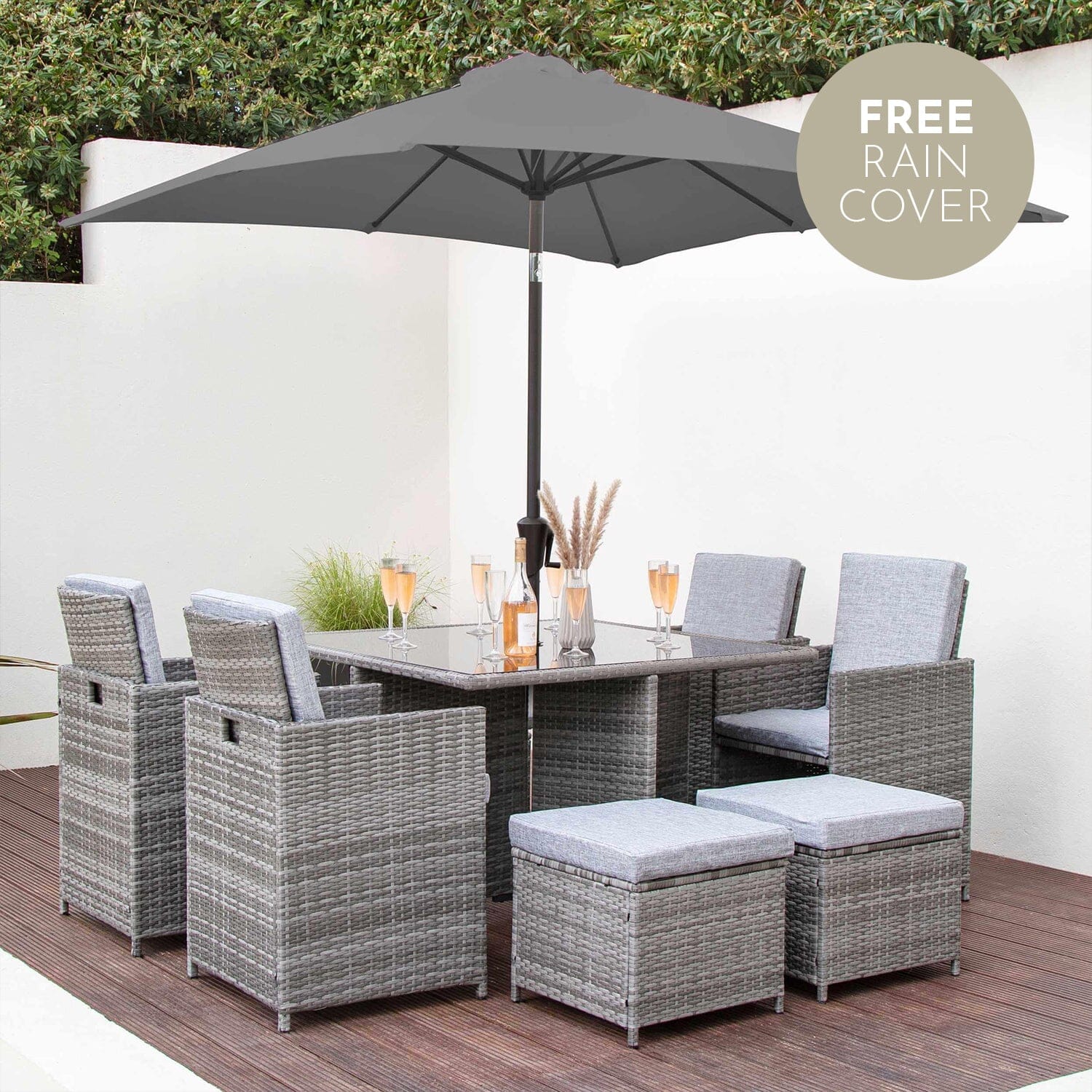 8 Seater Rattan Cube Outdoor Dining Set with Parasol - Grey Weave - Laura James