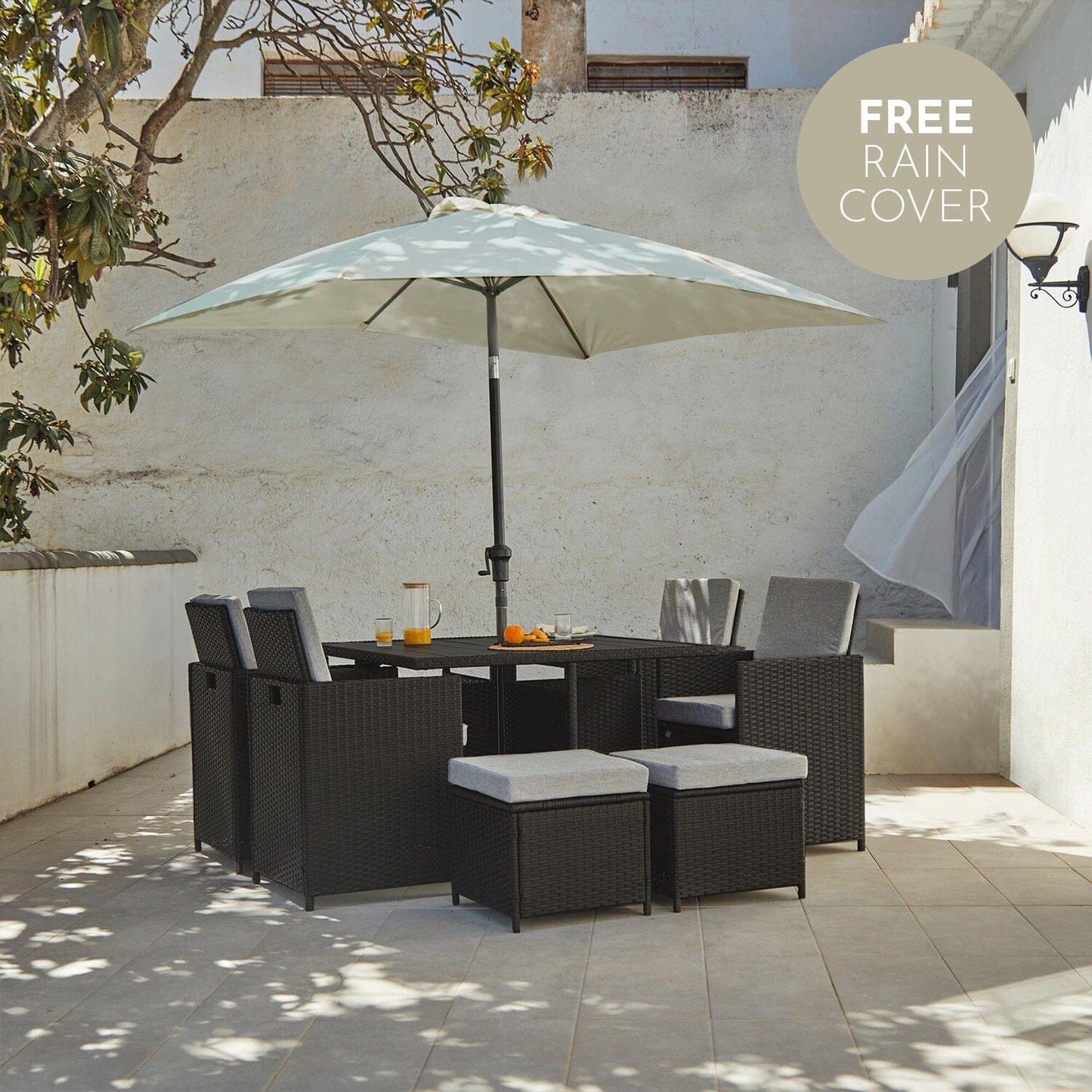 8 Seater Rattan Cube Outdoor Dining Set with Premium LED Cream Parasol - Black Weave Polywood Top - Laura James