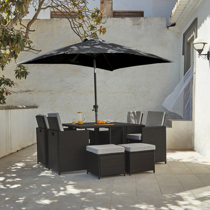 8 Seater Rattan Cube Outdoor Dining Set with Premium LED Grey Parasol - Black Weave Polywood Top - Laura James