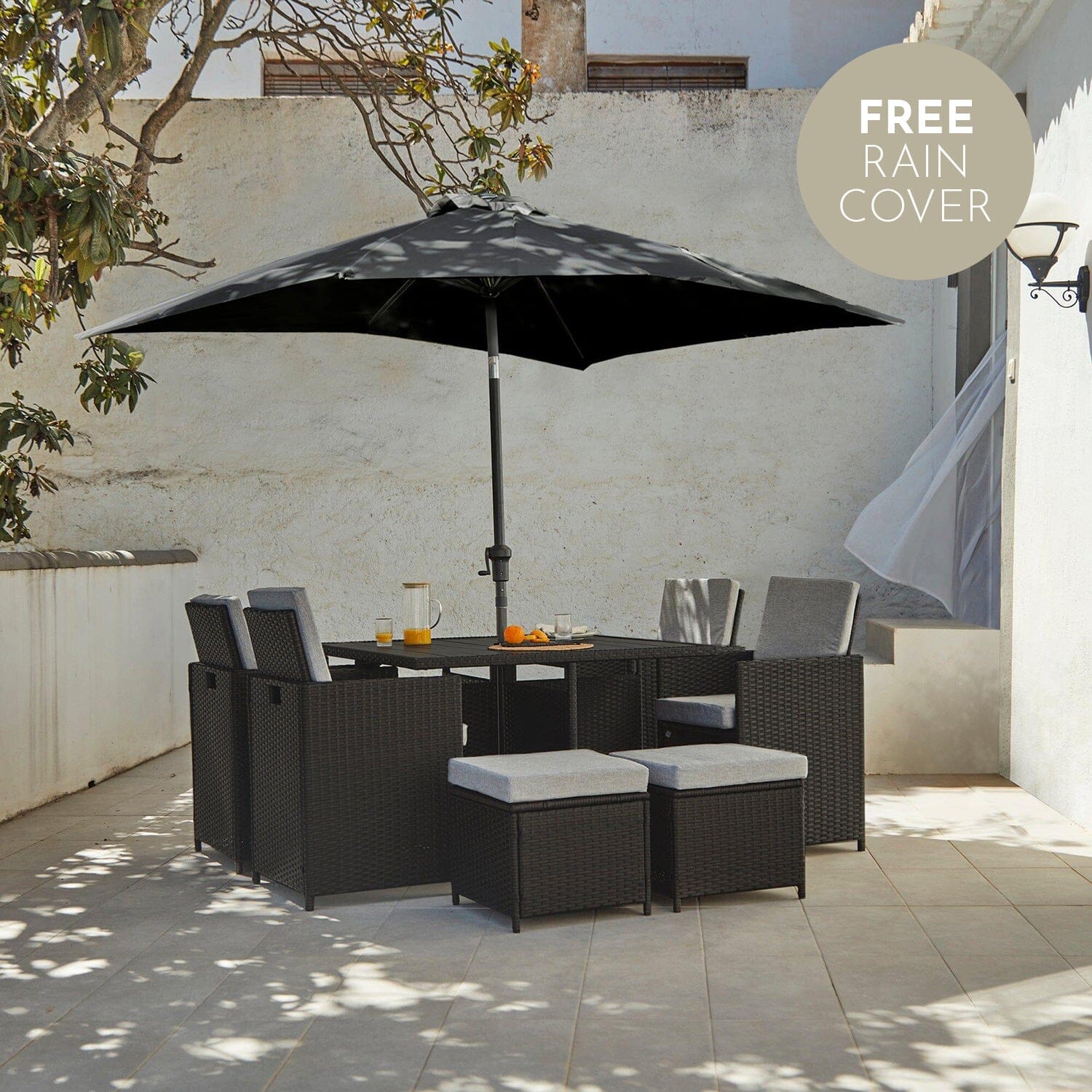 8 Seater Rattan Cube Outdoor Dining Set with Premium LED Grey Parasol - Black Weave Polywood Top - Laura James