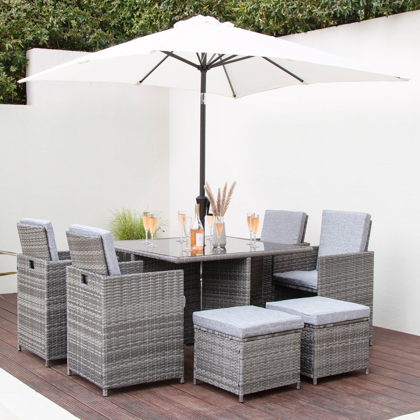 8 Seater Rattan Cube Outdoor Dining Set with Parasol - Grey Weave - Laura James