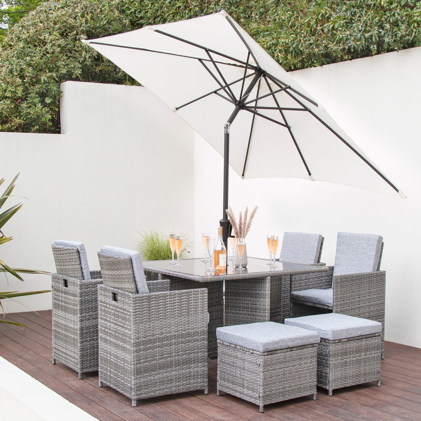 8 Seater Rattan Cube Outdoor Dining Set with Parasol - Grey Weave - Laura James