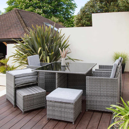 8 Seater Rattan Cube Outdoor Dining Set with Parasol - Grey Weave - Laura James